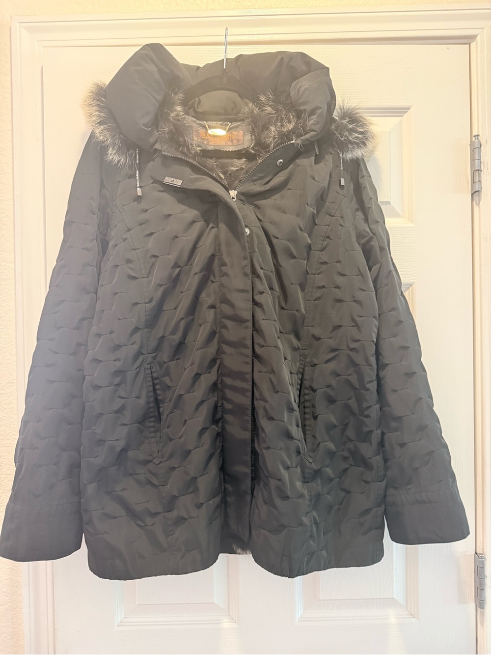 Balmain Black Quilted Puffer Coat with Fur Interior and Trim Hood